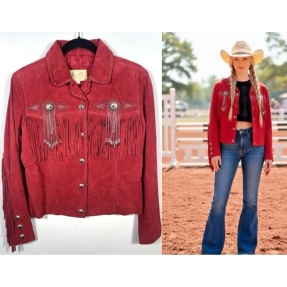 Scully Jackets & Blazers - Scully Red Suede Leather Jacket Fringe Concho Beaded Medium Womens Western Wear